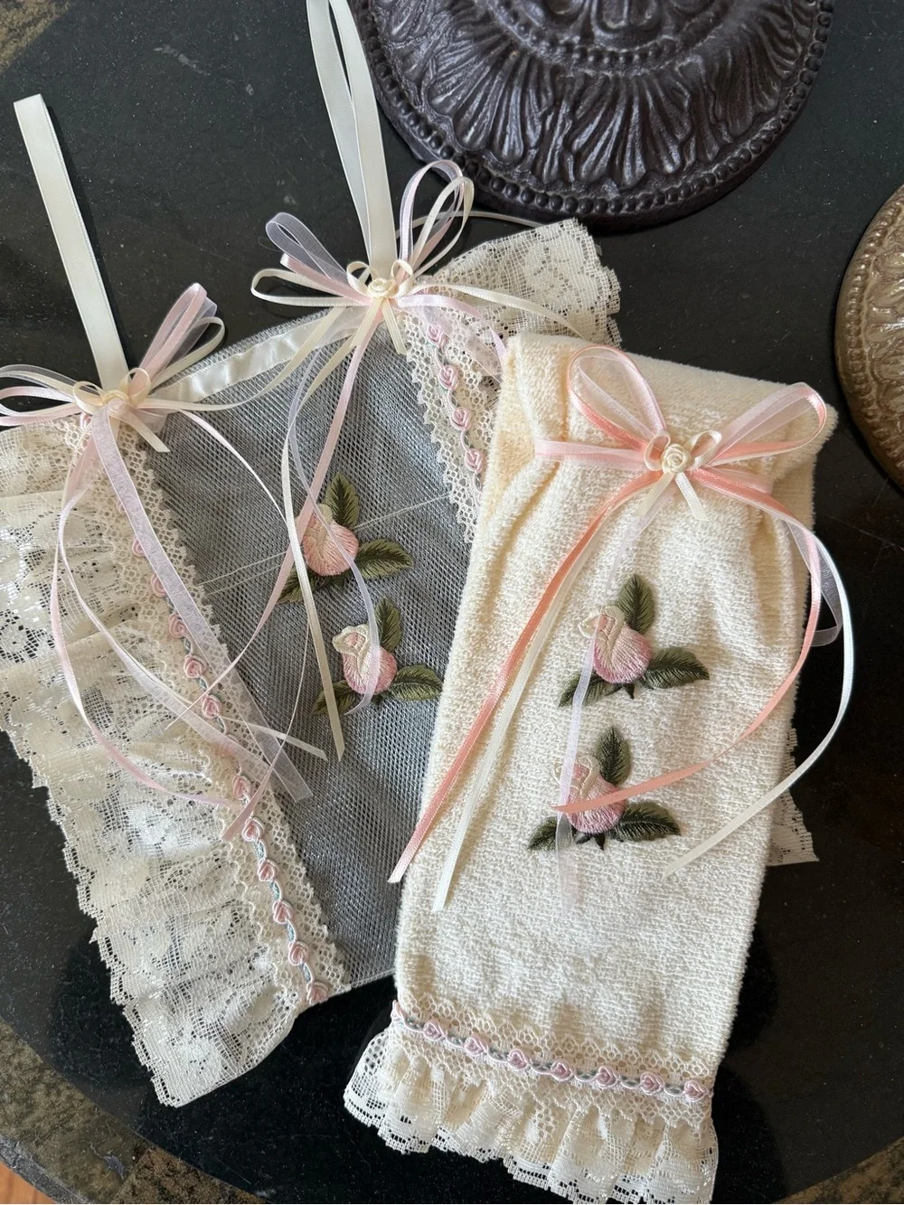 🌹Hand Crafted Ivory and Pink Floral Hand Towel and Spare Toilet Paper Holder 🌹